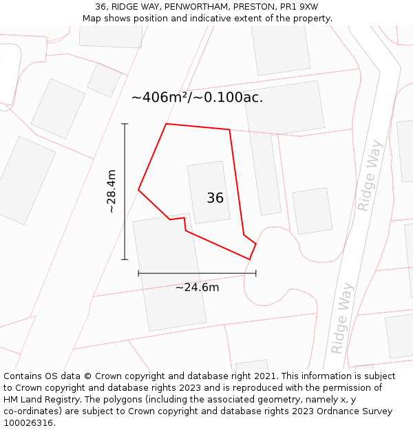 36, RIDGE WAY, PENWORTHAM, PRESTON, PR1 9XW: Plot and title map
