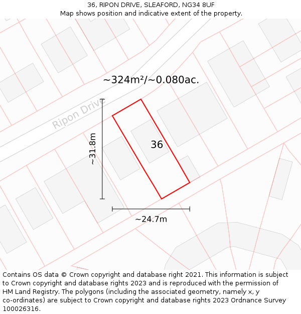 36, RIPON DRIVE, SLEAFORD, NG34 8UF: Plot and title map