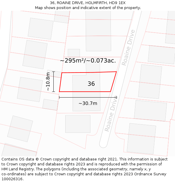 36, ROAINE DRIVE, HOLMFIRTH, HD9 1EX: Plot and title map