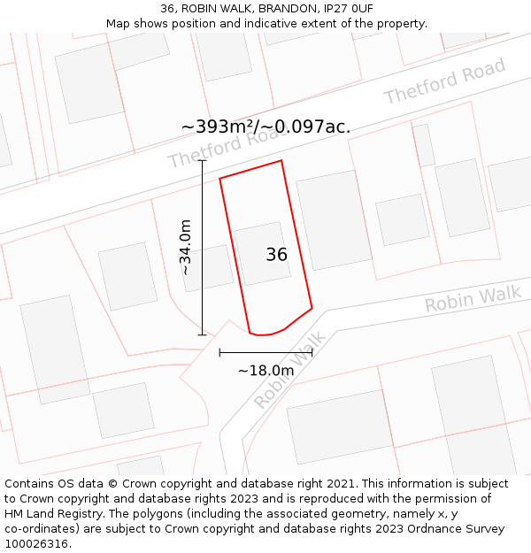 36, ROBIN WALK, BRANDON, IP27 0UF: Plot and title map