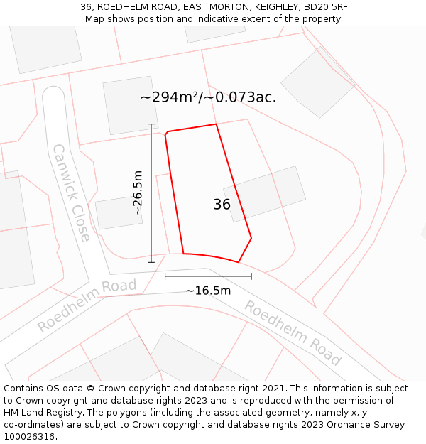 36, ROEDHELM ROAD, EAST MORTON, KEIGHLEY, BD20 5RF: Plot and title map