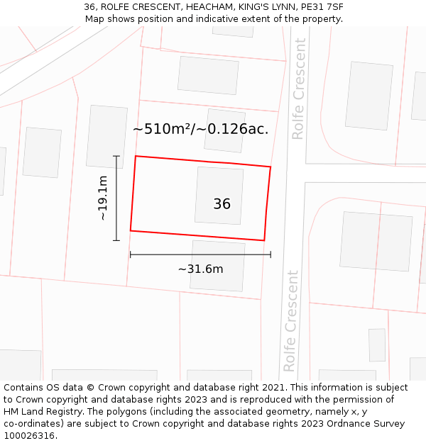 36, ROLFE CRESCENT, HEACHAM, KING'S LYNN, PE31 7SF: Plot and title map