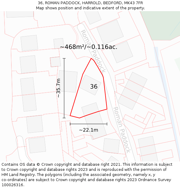 36, ROMAN PADDOCK, HARROLD, BEDFORD, MK43 7FR: Plot and title map
