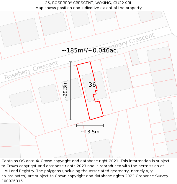 36, ROSEBERY CRESCENT, WOKING, GU22 9BL: Plot and title map