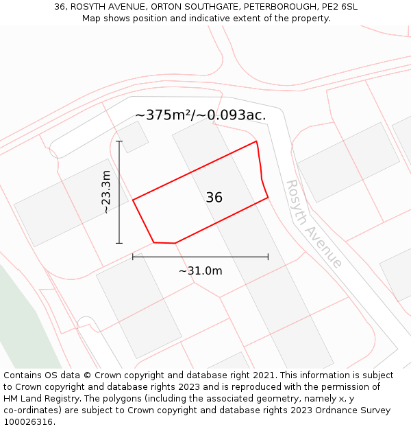 36, ROSYTH AVENUE, ORTON SOUTHGATE, PETERBOROUGH, PE2 6SL: Plot and title map
