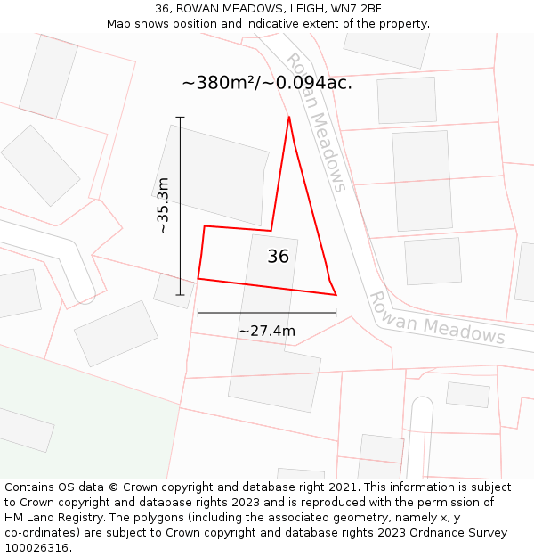 36, ROWAN MEADOWS, LEIGH, WN7 2BF: Plot and title map