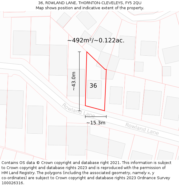 36, ROWLAND LANE, THORNTON-CLEVELEYS, FY5 2QU: Plot and title map