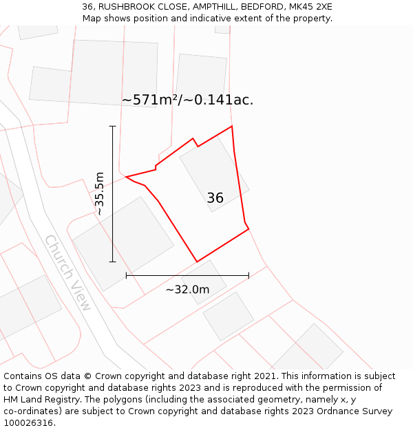 36, RUSHBROOK CLOSE, AMPTHILL, BEDFORD, MK45 2XE: Plot and title map