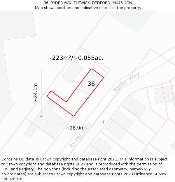 36, RYDER WAY, FLITWICK, BEDFORD, MK45 1GN: Plot and title map