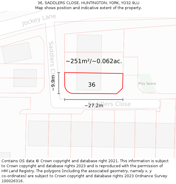 36, SADDLERS CLOSE, HUNTINGTON, YORK, YO32 9LU: Plot and title map