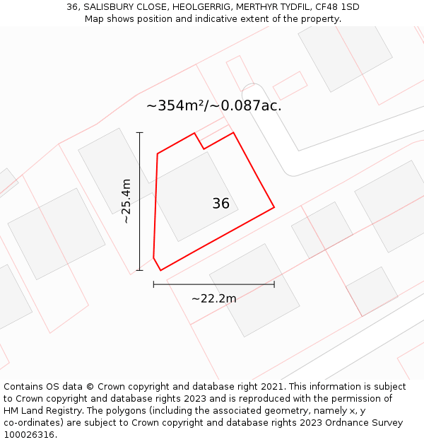36, SALISBURY CLOSE, HEOLGERRIG, MERTHYR TYDFIL, CF48 1SD: Plot and title map
