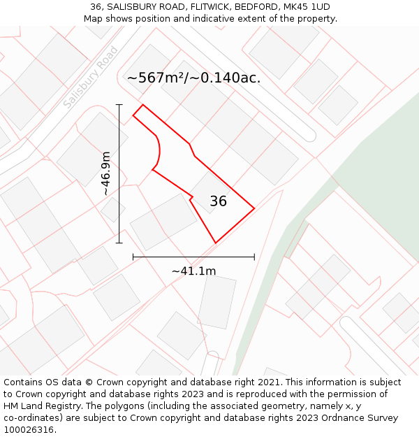 36, SALISBURY ROAD, FLITWICK, BEDFORD, MK45 1UD: Plot and title map