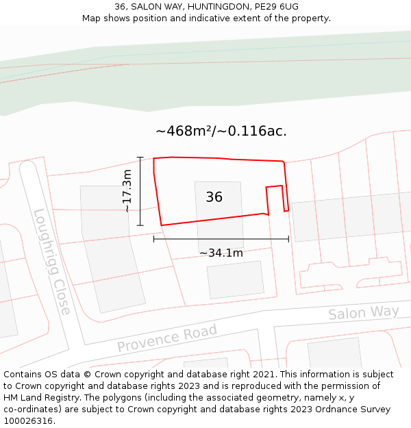 36, SALON WAY, HUNTINGDON, PE29 6UG: Plot and title map