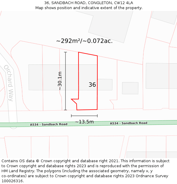 36, SANDBACH ROAD, CONGLETON, CW12 4LA: Plot and title map