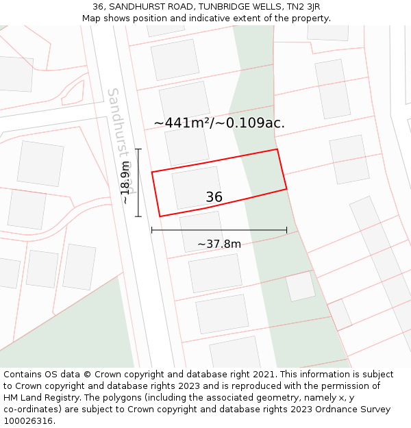36, SANDHURST ROAD, TUNBRIDGE WELLS, TN2 3JR: Plot and title map