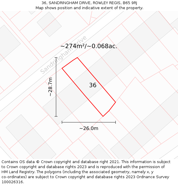 36, SANDRINGHAM DRIVE, ROWLEY REGIS, B65 9RJ: Plot and title map