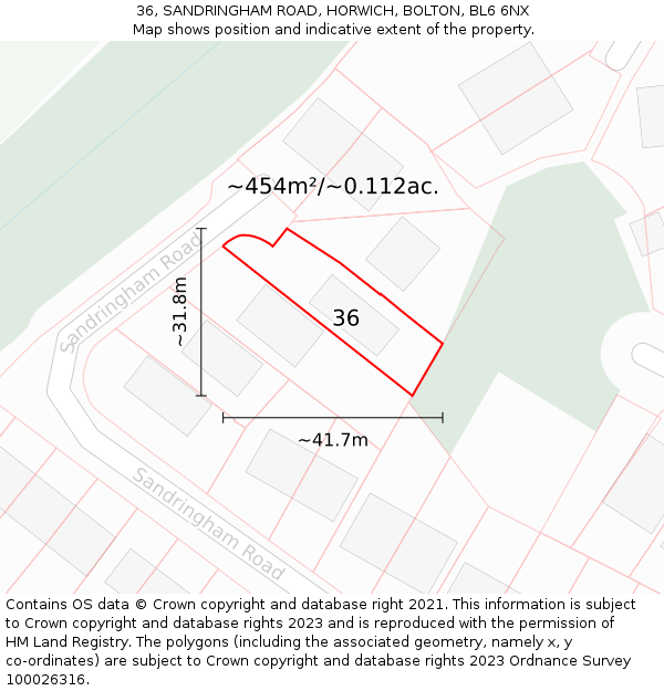 36, SANDRINGHAM ROAD, HORWICH, BOLTON, BL6 6NX: Plot and title map