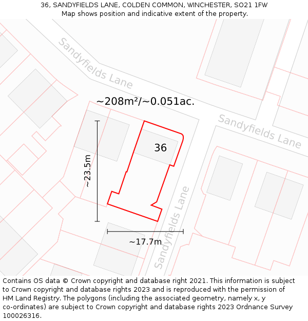 36, SANDYFIELDS LANE, COLDEN COMMON, WINCHESTER, SO21 1FW: Plot and title map
