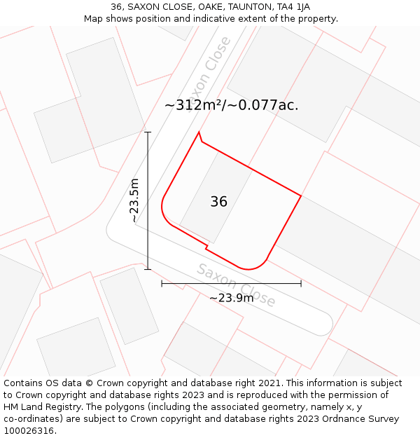36, SAXON CLOSE, OAKE, TAUNTON, TA4 1JA: Plot and title map