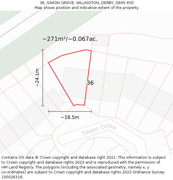 36, SAXON GROVE, WILLINGTON, DERBY, DE65 6YD: Plot and title map