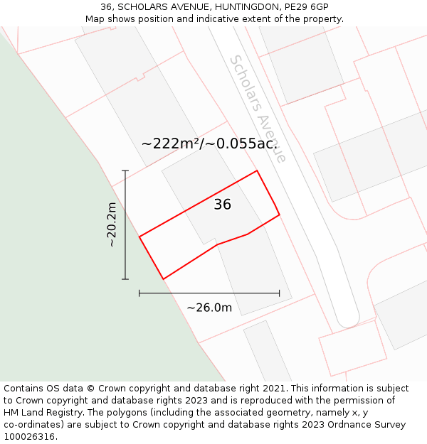 36, SCHOLARS AVENUE, HUNTINGDON, PE29 6GP: Plot and title map