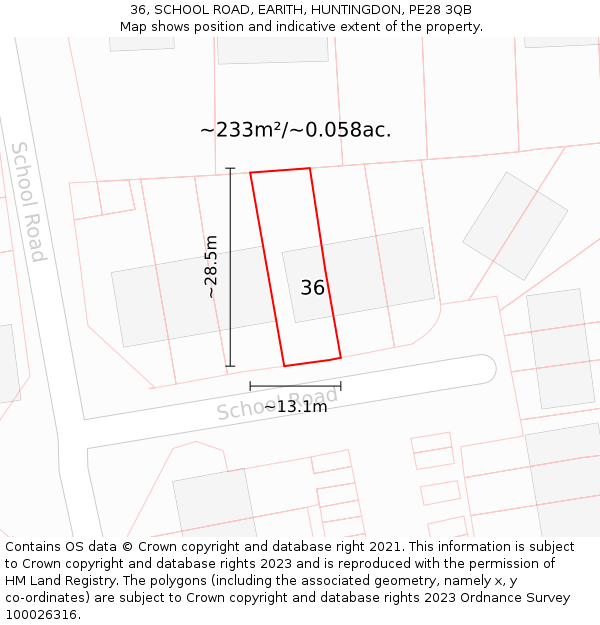 36, SCHOOL ROAD, EARITH, HUNTINGDON, PE28 3QB: Plot and title map