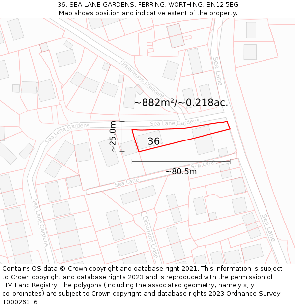 36, SEA LANE GARDENS, FERRING, WORTHING, BN12 5EG: Plot and title map