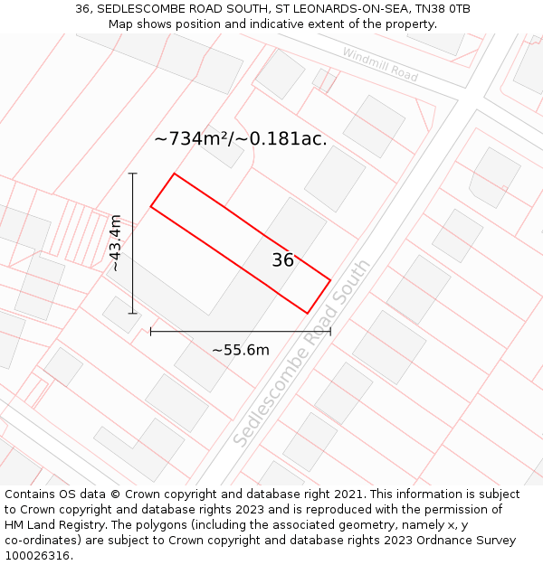 36, SEDLESCOMBE ROAD SOUTH, ST LEONARDS-ON-SEA, TN38 0TB: Plot and title map