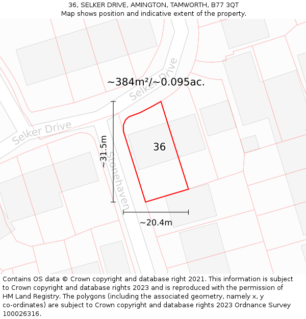 36, SELKER DRIVE, AMINGTON, TAMWORTH, B77 3QT: Plot and title map