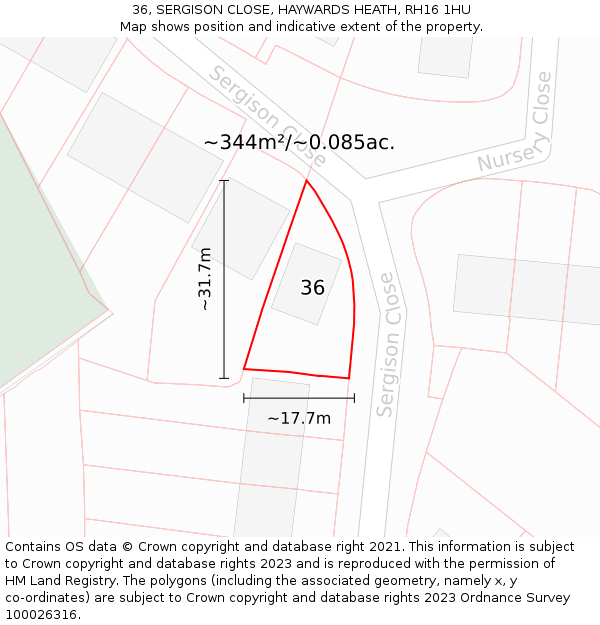 36, SERGISON CLOSE, HAYWARDS HEATH, RH16 1HU: Plot and title map