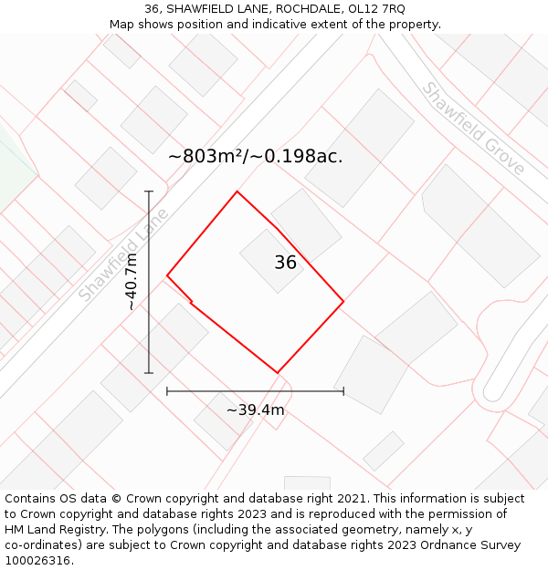 36, SHAWFIELD LANE, ROCHDALE, OL12 7RQ: Plot and title map