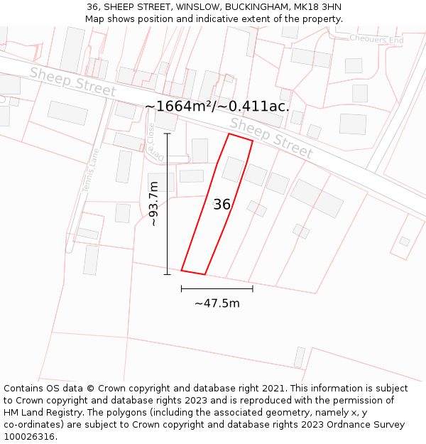 36, SHEEP STREET, WINSLOW, BUCKINGHAM, MK18 3HN: Plot and title map