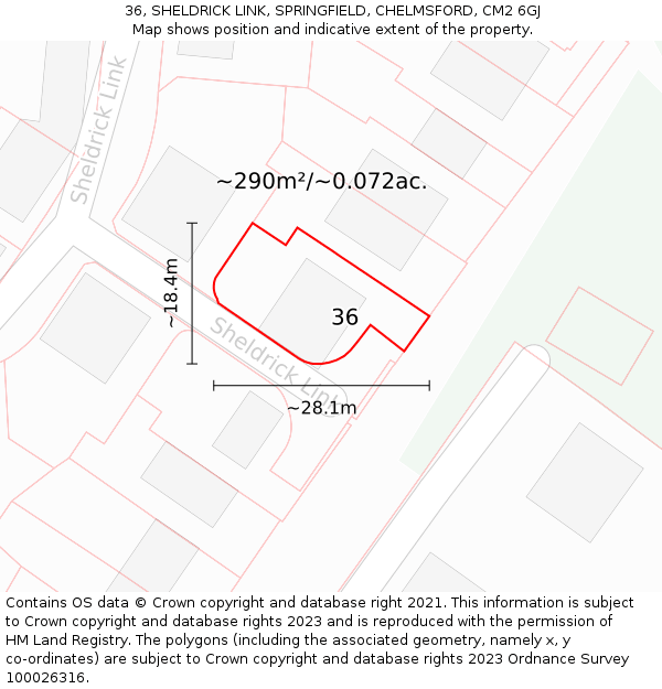 36, SHELDRICK LINK, SPRINGFIELD, CHELMSFORD, CM2 6GJ: Plot and title map
