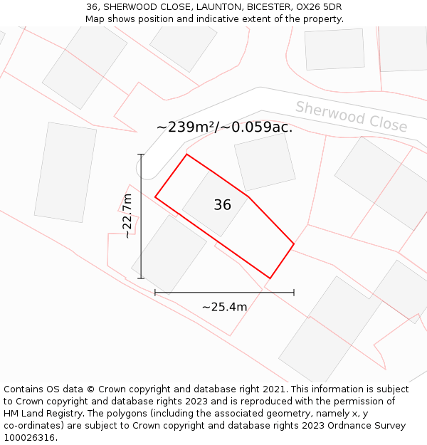 36, SHERWOOD CLOSE, LAUNTON, BICESTER, OX26 5DR: Plot and title map