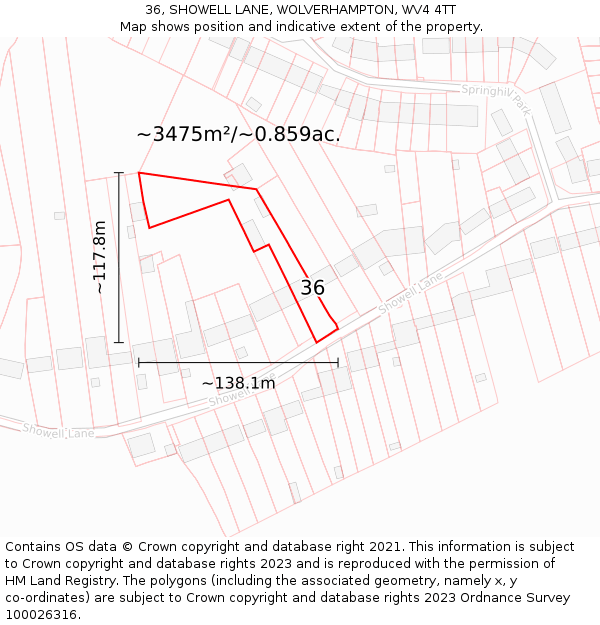 36, SHOWELL LANE, WOLVERHAMPTON, WV4 4TT: Plot and title map
