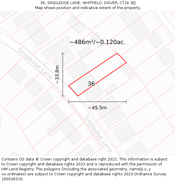 36, SINGLEDGE LANE, WHITFIELD, DOVER, CT16 3EJ: Plot and title map