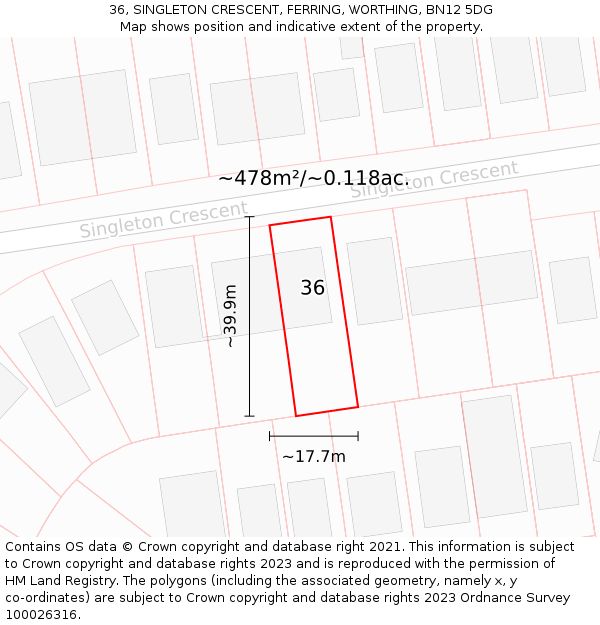 36, SINGLETON CRESCENT, FERRING, WORTHING, BN12 5DG: Plot and title map