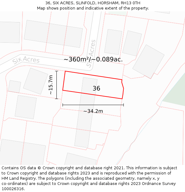36, SIX ACRES, SLINFOLD, HORSHAM, RH13 0TH: Plot and title map