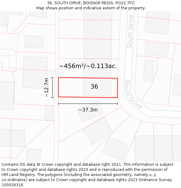 36, SOUTH DRIVE, BOGNOR REGIS, PO22 7PZ: Plot and title map