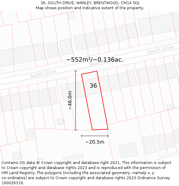 36, SOUTH DRIVE, WARLEY, BRENTWOOD, CM14 5DJ: Plot and title map