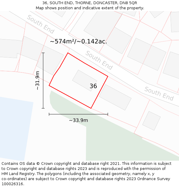 36, SOUTH END, THORNE, DONCASTER, DN8 5QR: Plot and title map