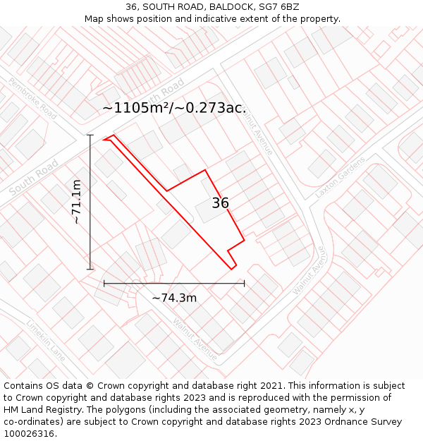 36, SOUTH ROAD, BALDOCK, SG7 6BZ: Plot and title map