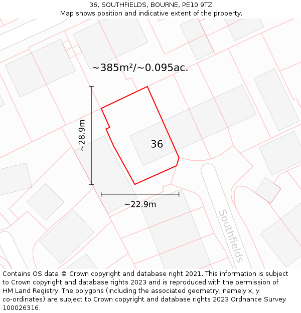 36, SOUTHFIELDS, BOURNE, PE10 9TZ: Plot and title map