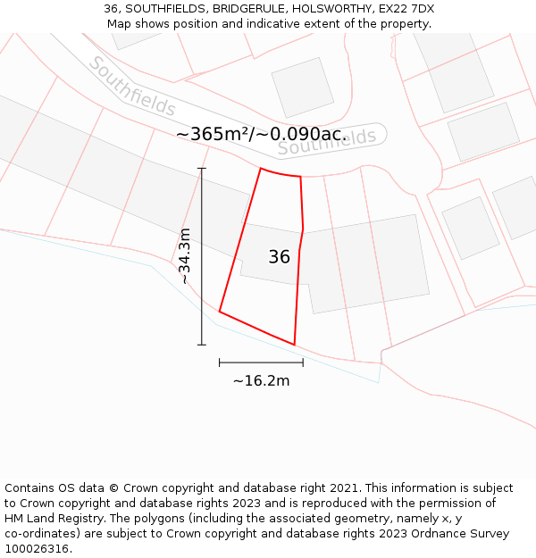 36, SOUTHFIELDS, BRIDGERULE, HOLSWORTHY, EX22 7DX: Plot and title map