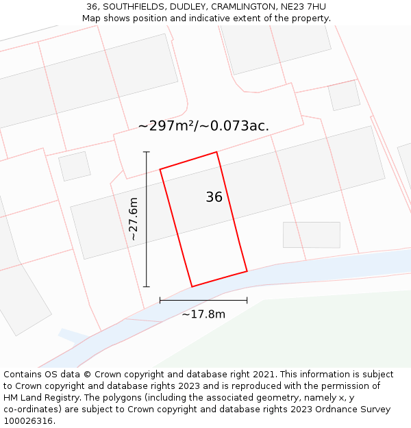 36, SOUTHFIELDS, DUDLEY, CRAMLINGTON, NE23 7HU: Plot and title map