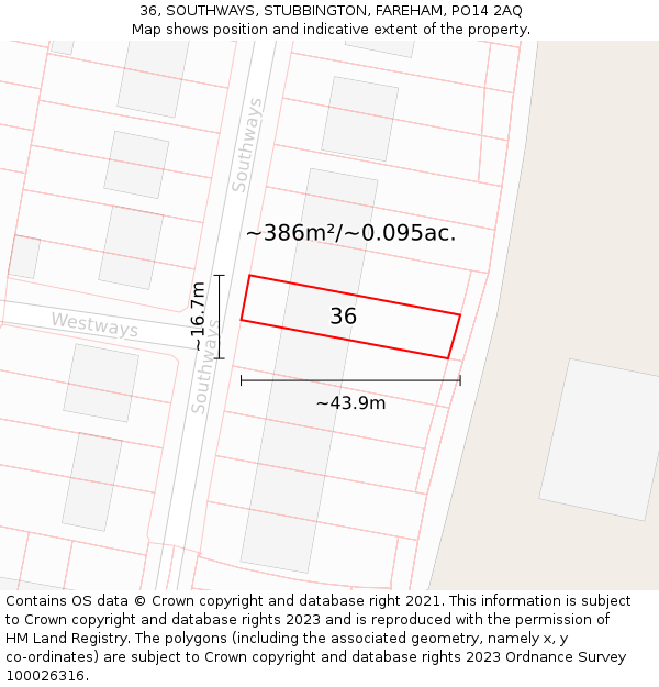 36, SOUTHWAYS, STUBBINGTON, FAREHAM, PO14 2AQ: Plot and title map