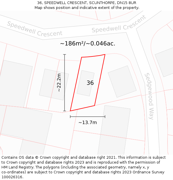 36, SPEEDWELL CRESCENT, SCUNTHORPE, DN15 8UR: Plot and title map