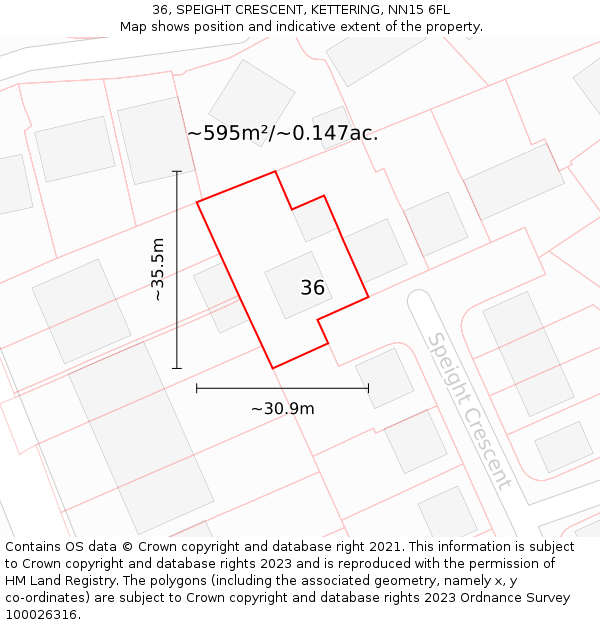 36, SPEIGHT CRESCENT, KETTERING, NN15 6FL: Plot and title map