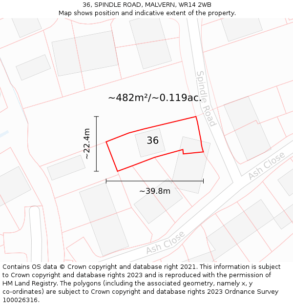 36, SPINDLE ROAD, MALVERN, WR14 2WB: Plot and title map