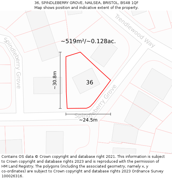 36, SPINDLEBERRY GROVE, NAILSEA, BRISTOL, BS48 1QF: Plot and title map